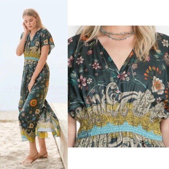 NWT Johnny Was Baize Silk Maxi Floral Dress S Multi Slip Vneck Smocked Slit - Picture 2 of 13